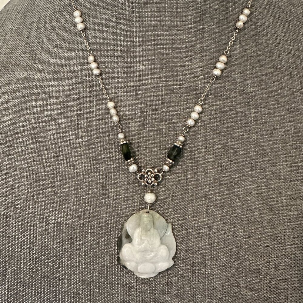 Beautiful Carved Jade Pendant Necklace With Pearls And Sterling Silver Accents